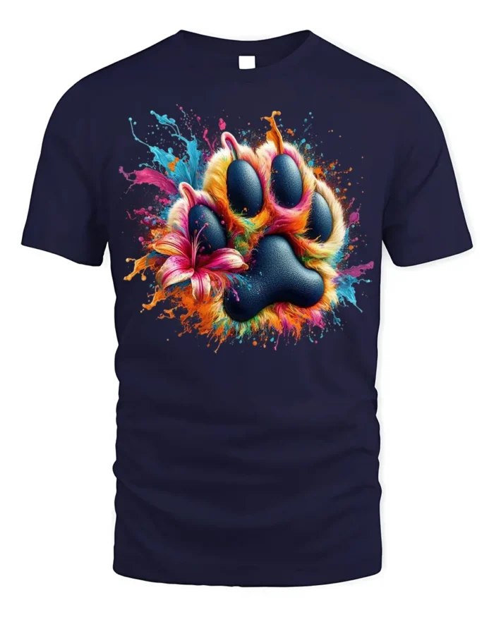 Colorful Paw Print Splash Art Pet Lover T-shirt - navy t-shirt on white background