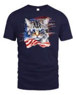 Patriotic American Flag Cat Sunglasses T-shirt - navy t-shirt on white background
