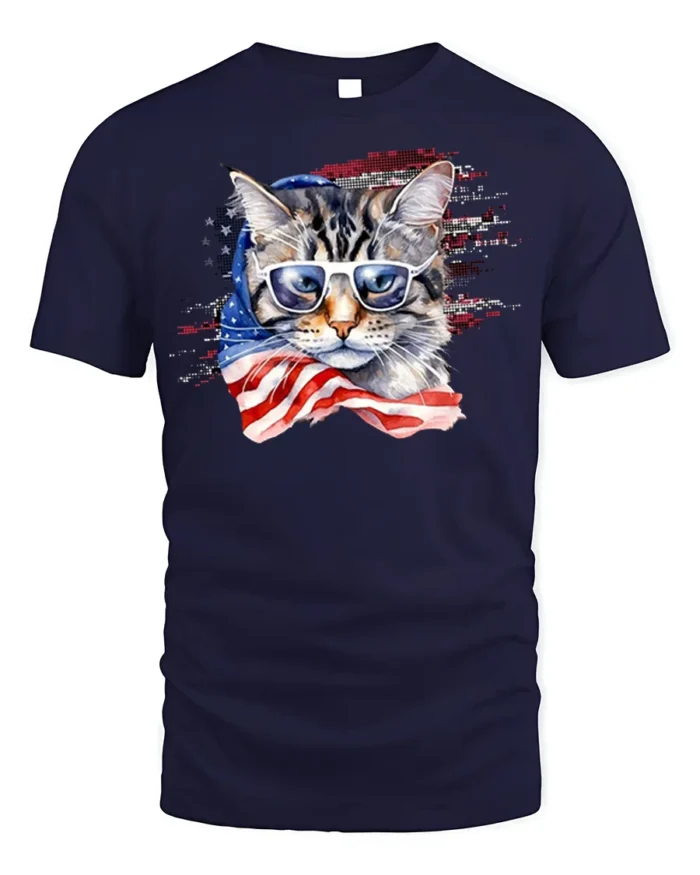 Patriotic American Flag Cat Sunglasses T-shirt - navy t-shirt on white background