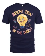 Funny Bright Idea Light Bulb Cartoon T-shirt - navy t-shirt on white background