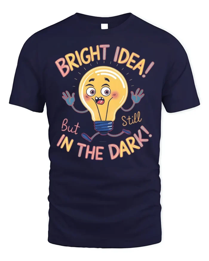 Funny Bright Idea Light Bulb Cartoon T-shirt - navy t-shirt on white background