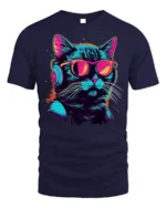 Cool Cat Headphones Neon Sunglasses Graphic T-shirt - navy t-shirt on white background