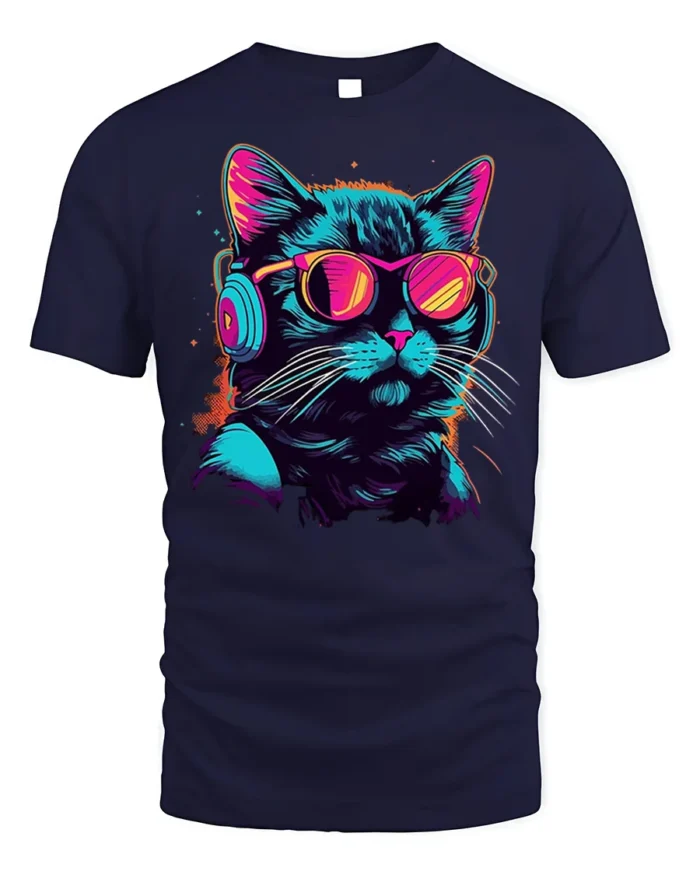 Cool Cat Headphones Neon Sunglasses Graphic T-shirt - navy t-shirt on white background