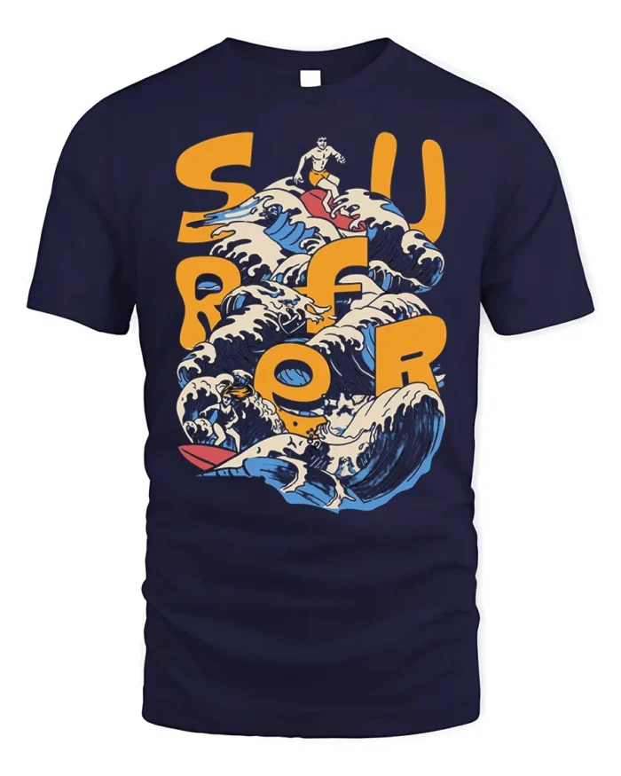 Retro Surf Rider Ocean Wave Graphic T-shirt - navy t-shirt on white background