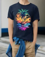 Tropical Sunset Palm Tree Beach Vibes T-shirt - model wearing navy shirt, hands in pockets