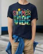 Colorful Summer Vibe Beach Vacation T-shirt - model wearing navy shirt, hands in pockets