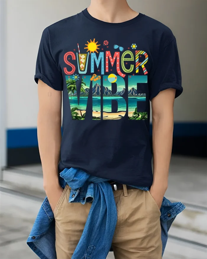 Colorful Summer Vibe Beach Vacation T-shirt - model wearing navy shirt, hands in pockets