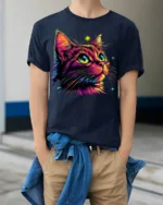 Neon Cosmic Cat Colorful Starry Night T-shirt - model wearing navy shirt, hands in pockets