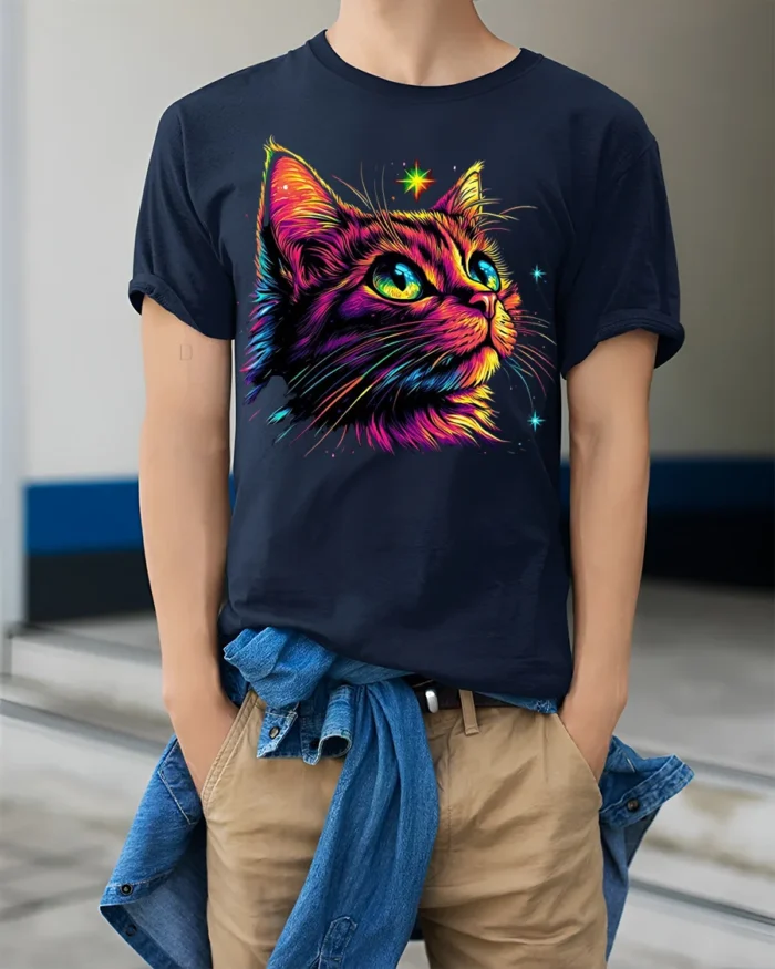 Neon Cosmic Cat Colorful Starry Night T-shirt - model wearing navy shirt, hands in pockets
