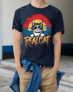 Retro Cool Cat Sunglasses Real Cat Graphic T-shirt - model wearing navy shirt, hands in pockets