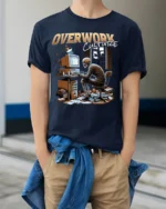 Overwork Culture Skeleton Computer Graphic T-shirt - model wearing navy shirt, hands in pockets