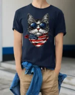 Patriotic American Flag Cool Cat Sunglasses T-shirt - model wearing navy shirt, hands in pockets