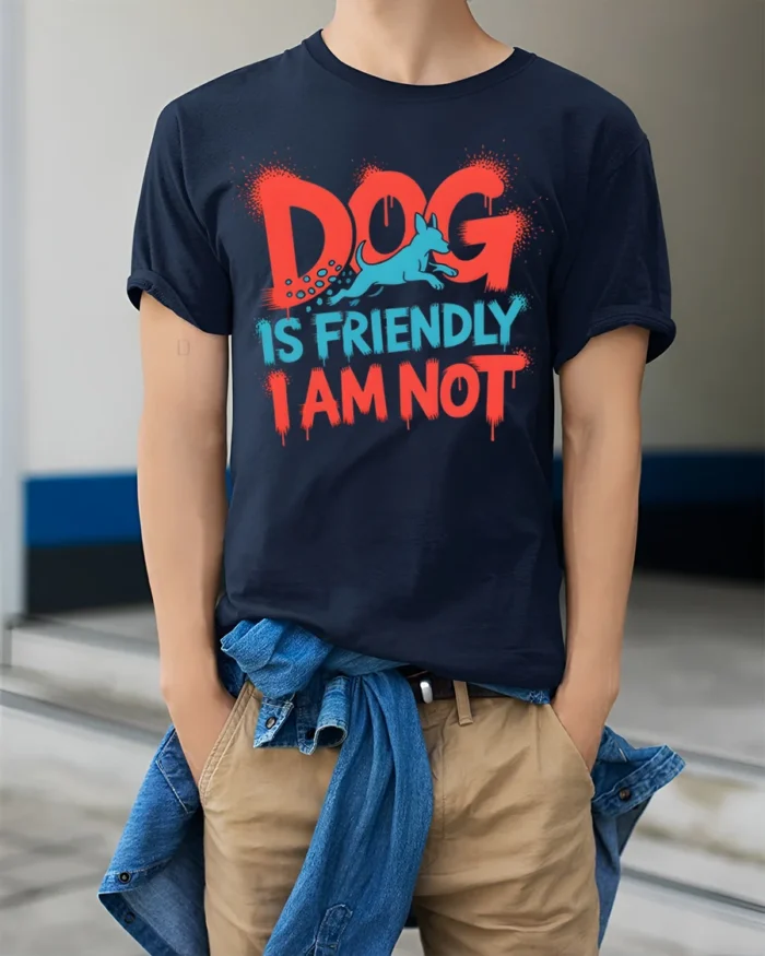 Funny Dog Is Friendly I Am Not Sarcasm T-shirt - model wearing navy shirt, hands in pockets