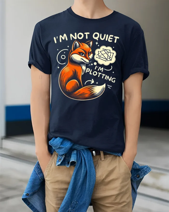 Funny Fox I’m Not Quiet I’m Plotting Graphic T-shirt - model wearing navy shirt, hands in pockets
