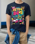 Retro 80s Neon Car Cassette Boombox Graphic T-shirt - model wearing navy shirt, hands in pockets