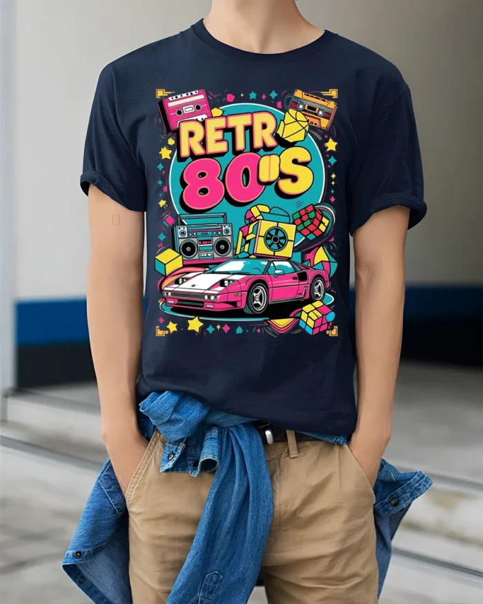 Retro 80s Neon Car Cassette Boombox Graphic T-shirt - model wearing navy shirt, hands in pockets
