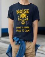 Noise Skull Headphones Rock Music Graphic T-shirt - model wearing navy shirt, hands in pockets