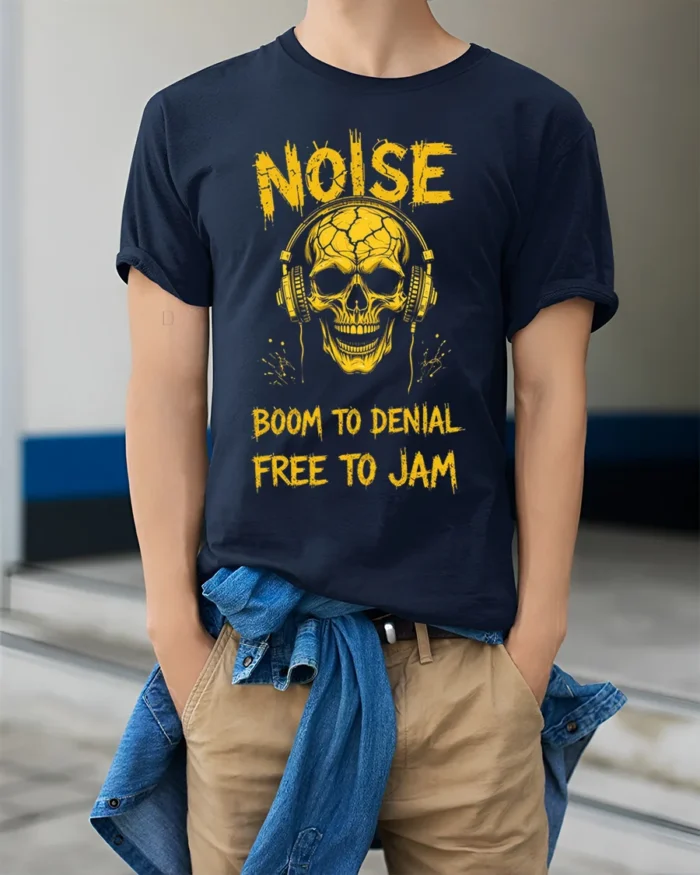 Noise Skull Headphones Rock Music Graphic T-shirt - model wearing navy shirt, hands in pockets