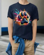 Colorful Paw Print Splash Art Pet Lover T-shirt - model wearing navy shirt, hands in pockets