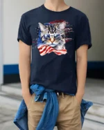 Patriotic American Flag Cat Sunglasses T-shirt - model wearing navy shirt, hands in pockets
