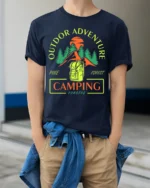 Outdoor Adventure Pine Forest Camping T-shirt - model wearing navy shirt, hands in pockets