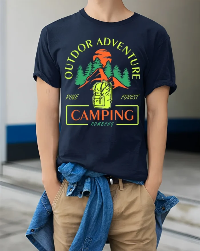 Outdoor Adventure Pine Forest Camping T-shirt - model wearing navy shirt, hands in pockets