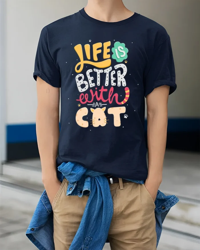 Life Is Better With A Cat Cute Graphic T-shirt - model wearing navy shirt, hands in pockets