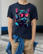 Cool Cat Headphones Neon Sunglasses Graphic T-shirt - model wearing navy shirt, hands in pockets
