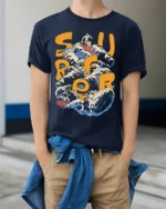 Retro Surf Rider Ocean Wave Graphic T-shirt - model wearing navy shirt, hands in pockets