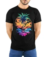 Tropical Sunset Palm Tree Beach Vibes T-shirt - model wearing black shirt, hands behind back