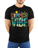 Colorful Summer Vibe Beach Vacation T-shirt - model wearing black shirt, hands behind back