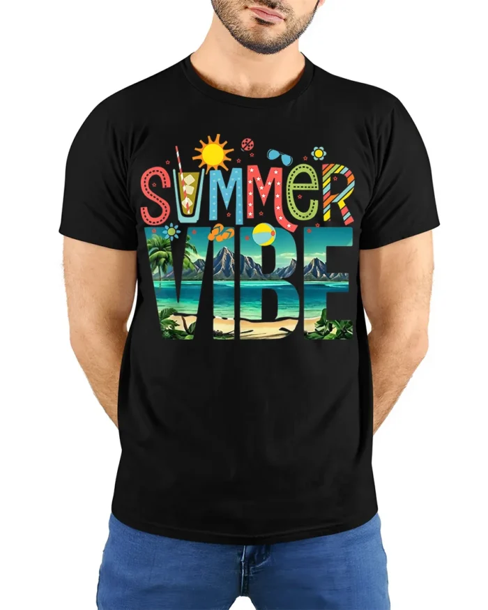 Colorful Summer Vibe Beach Vacation T-shirt - model wearing black shirt, hands behind back
