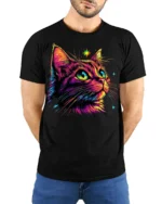 Neon Cosmic Cat Colorful Starry Night T-shirt - model wearing black shirt, hands behind back