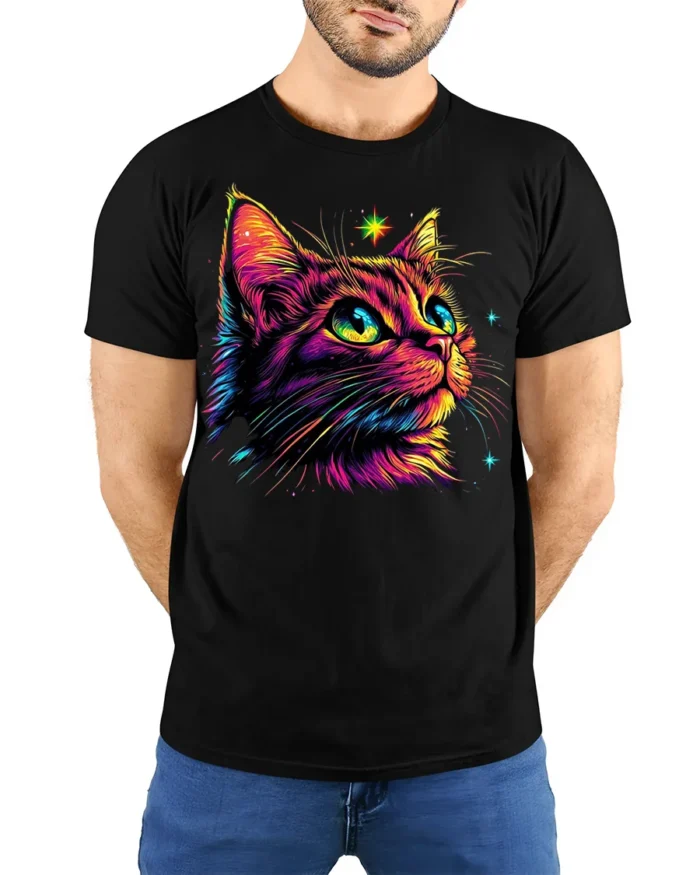 Neon Cosmic Cat Colorful Starry Night T-shirt - model wearing black shirt, hands behind back