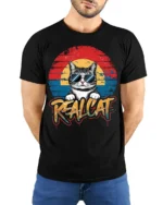 Retro Cool Cat Sunglasses Real Cat Graphic T-shirt - model wearing black shirt, hands behind back
