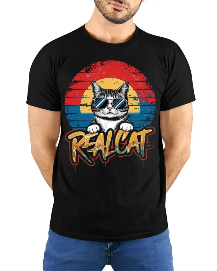 Retro Cool Cat Sunglasses Real Cat Graphic T-shirt - model wearing black shirt, hands behind back