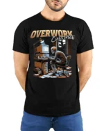 Overwork Culture Skeleton Computer Graphic T-shirt - model wearing black shirt, hands behind back