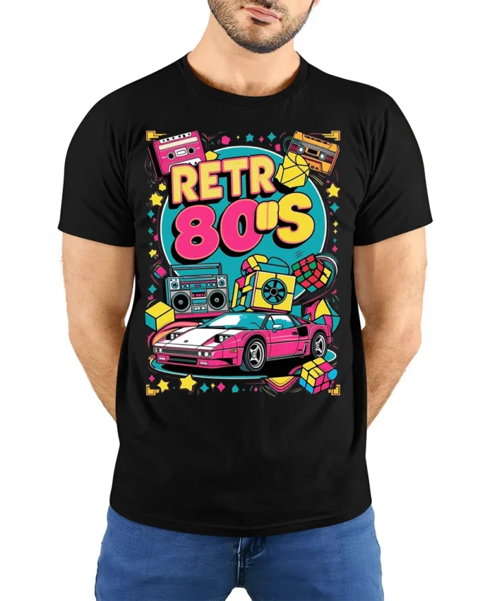 Retro 80s Neon Car Cassette Boombox Graphic T-shirt - model wearing black shirt, hands behind back