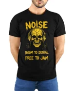 Noise Skull Headphones Rock Music Graphic T-shirt - model wearing black shirt, hands behind back