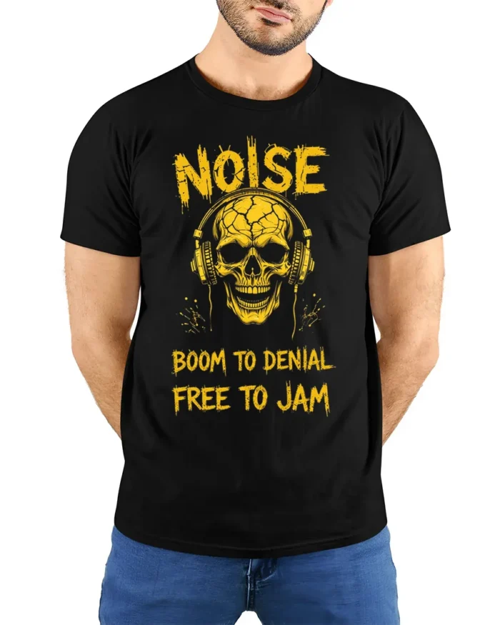 Noise Skull Headphones Rock Music Graphic T-shirt - model wearing black shirt, hands behind back