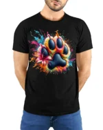 Colorful Paw Print Splash Art Pet Lover T-shirt - model wearing black shirt, hands behind back