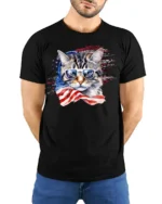 Patriotic American Flag Cat Sunglasses T-shirt - model wearing black shirt, hands behind back