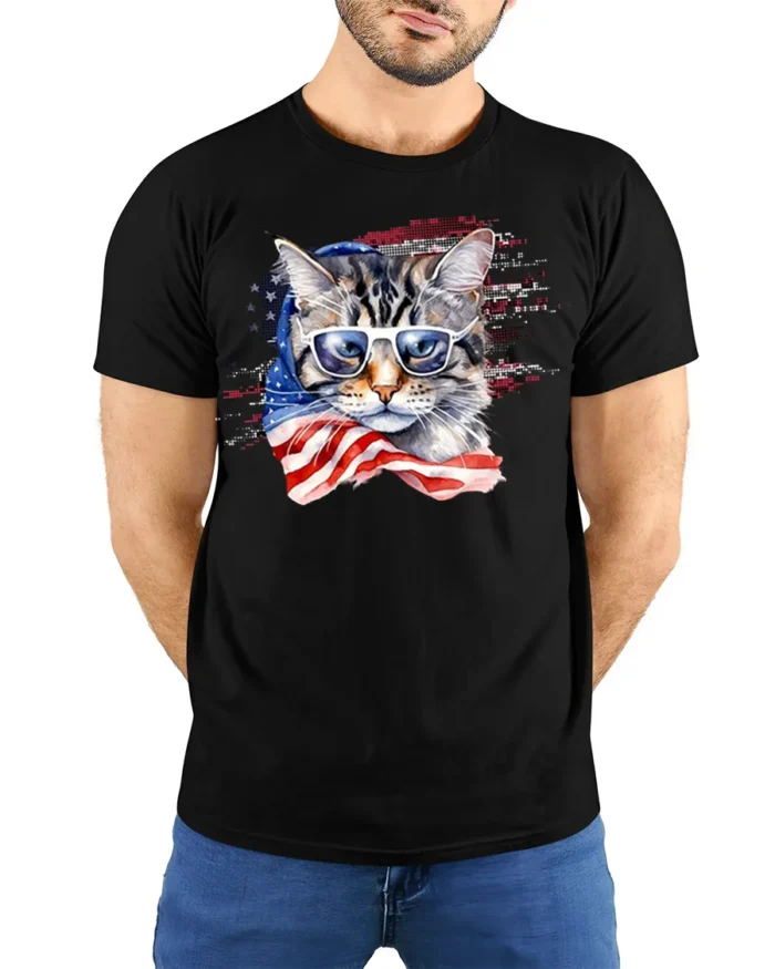 Patriotic American Flag Cat Sunglasses T-shirt - model wearing black shirt, hands behind back