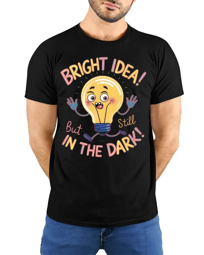 Funny Bright Idea Light Bulb Cartoon T-shirt - model wearing black shirt, hands behind back