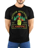 Outdoor Adventure Pine Forest Camping T-shirt - model wearing black shirt, hands behind back