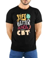 Life Is Better With A Cat Cute Graphic T-shirt - model wearing black shirt, hands behind back