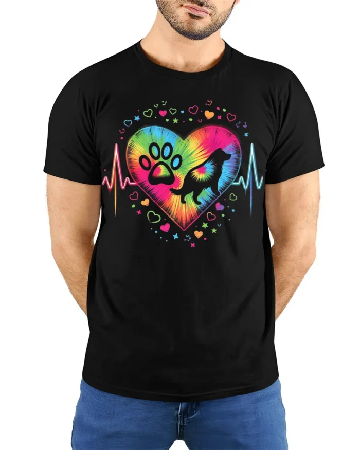 Colorful Dog Paw Heartbeat Pet Lover T-shirt - model wearing black shirt, hands behind back