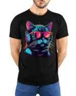 Cool Cat Headphones Neon Sunglasses Graphic T-shirt - model wearing black shirt, hands behind back