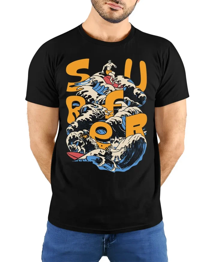 Retro Surf Rider Ocean Wave Graphic T-shirt - model wearing black shirt, hands behind back