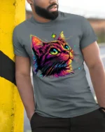 Neon Cosmic Cat Colorful Starry Night T-shirt - model in grey shirt leaning against column